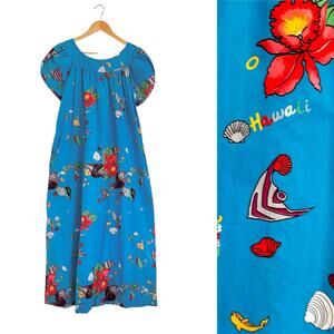 Hilo Hattie Novelty Print Hawaiian Mumu Dress Angel Fish Hibiscus Sz Med Pockets